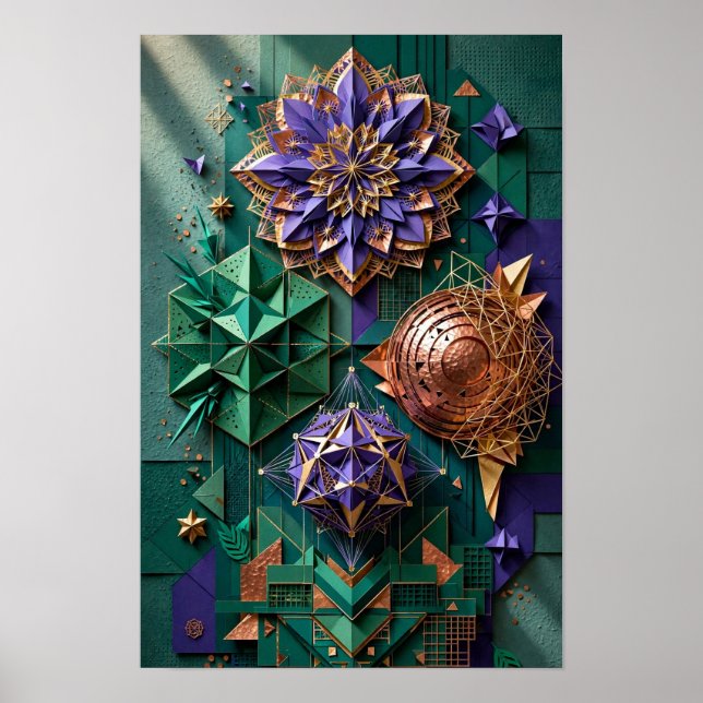 Cosmic Mandala Geometry Relief - 3D Emerald Violet Poster (Front)