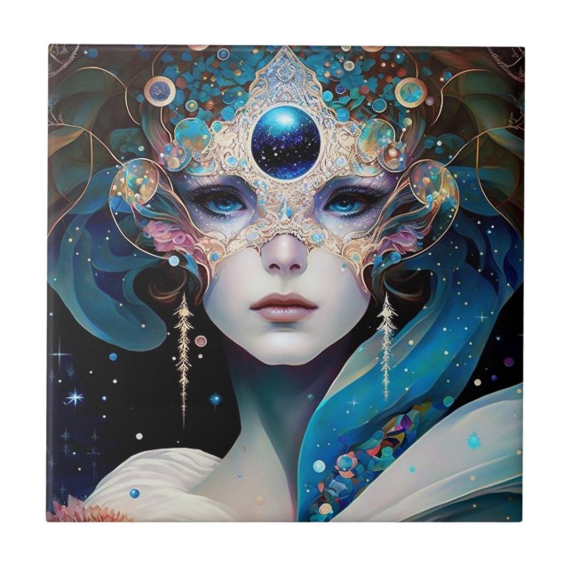 Cosmic Masked Goddess Queen Fantasy Art Ceramic Tile (Front)