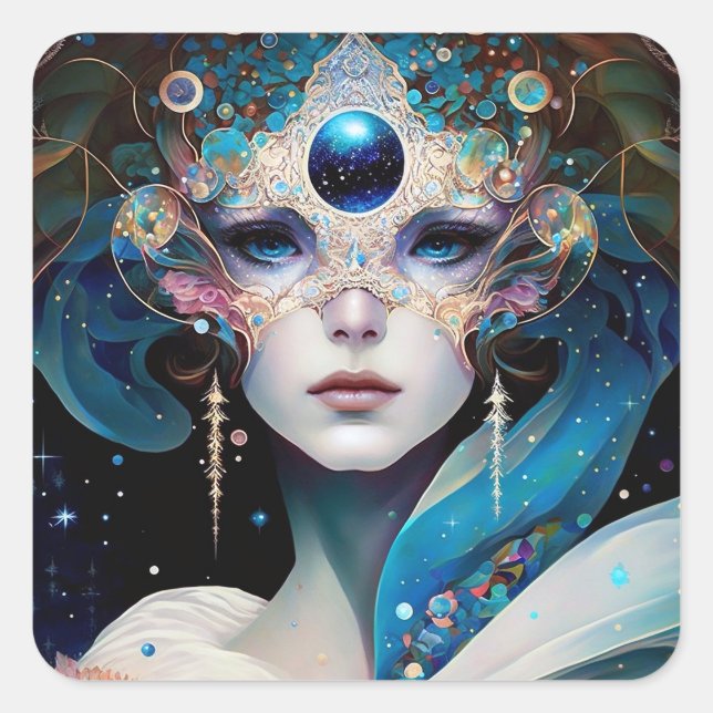 Cosmic Masked Goddess Queen Fantasy Art Square Sticker (Front)