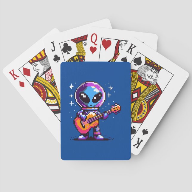 Cosmic Melody: 8-Bit Alien with Guitar Poker Cards (Back)
