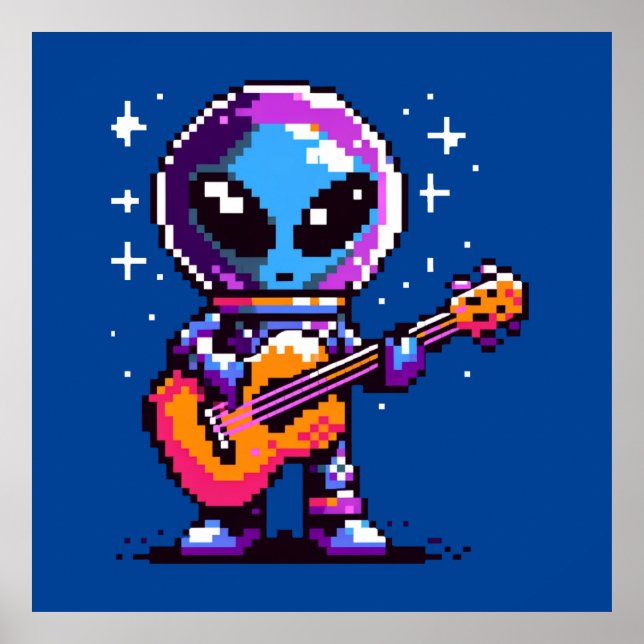 Cosmic Melody: 8-Bit Alien with Guitar Poster (Front)