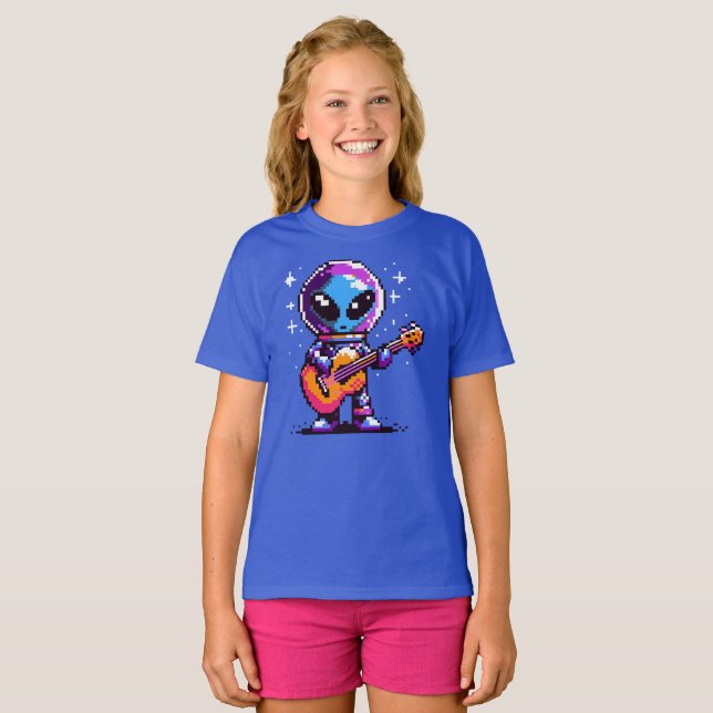 Cosmic Melody: 8-Bit Alien with Guitar T-Shirt (Front Full)