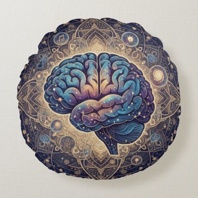 Cosmic Mind Mandala – Abstract Brain Art Round Pillow (Front)