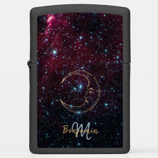 Cosmic Moon Elegant Monogram Cool Maroon Celestial Zippo Lighter (Front)