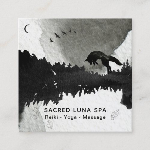  Cosmic Moon Fox Leaping Lunar Pine Trees Square Business Card