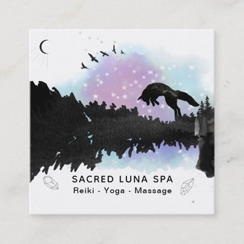 Cosmic Moon Fox Leaping Pine Trees Rainbow Square Business Card