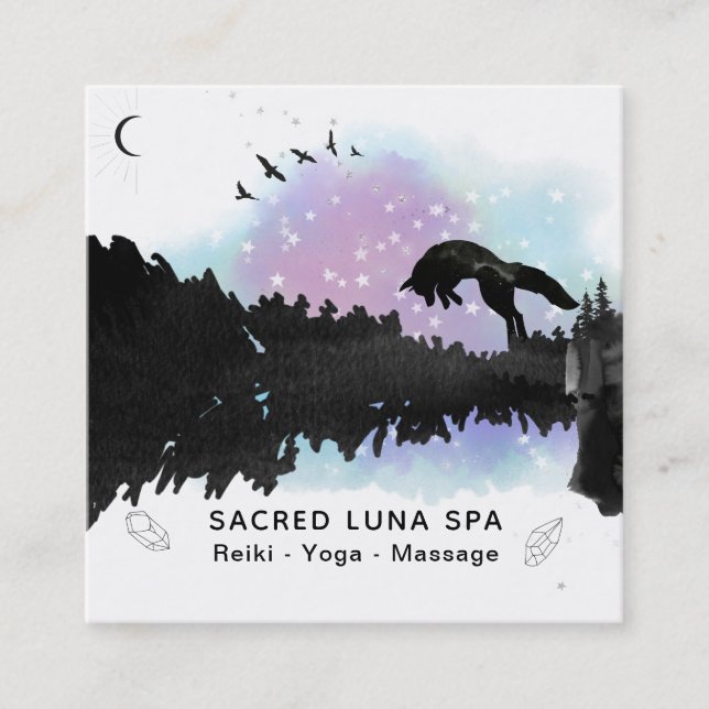 *~* Cosmic Moon Fox Leaping Pine Trees Rainbow Square Business Card (Front)