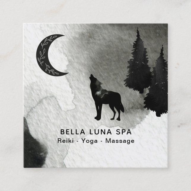 *~* Cosmic Moon Howling Wolf Lunar Pine Trees Square Business Card (Front)