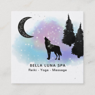 *~* Cosmic Moon Howling Wolf Rainbow Pine Trees Square Business Card