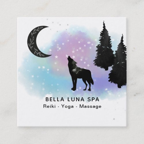 Cosmic Moon Howling Wolf Rainbow Pine Trees Square Business Card
