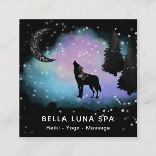  Cosmic Moon  Howling Wolf Rainbow Pine Trees Square Business Card