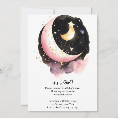 Cosmic Moon Stars Watercolor Girl Baby Shower Invitation