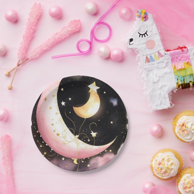 Cosmic Moon Stars Watercolor Girl Baby Shower Paper Plates (Party)