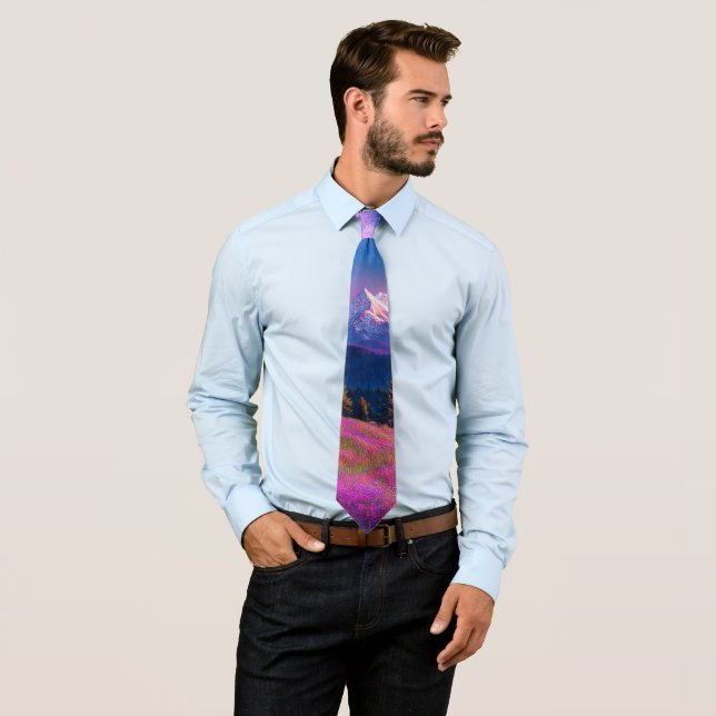 Cosmic Mountain Neon Galaxy Nature Fantasy Neck Tie (In Situ)