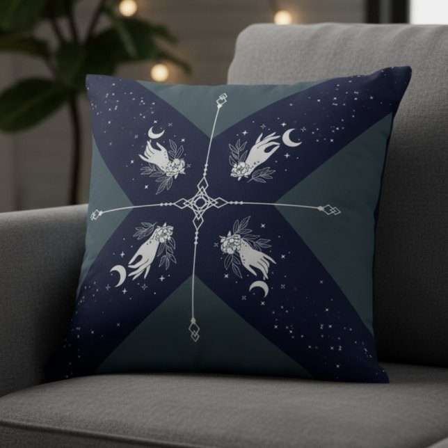 Cosmic Navy Blue and Silver Mystic Moon Hands Throw Pillow (A cosmic accent piece with an elegant and dark aesthetic)