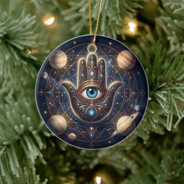 Cosmic Navy Gold Celestial Hamsa Evil Eye Ceramic Ornament (Tree)