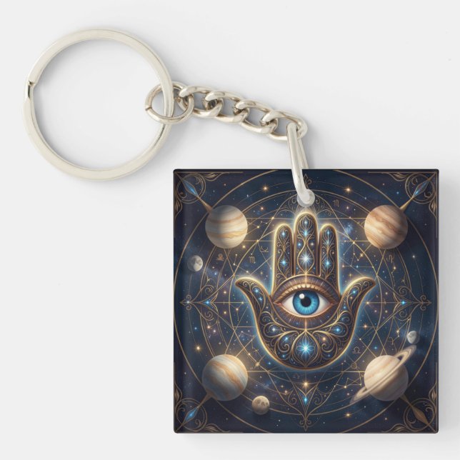 Cosmic Navy Gold Celestial Hamsa Evil Eye Keychain (Front)