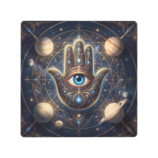 Cosmic Navy Gold Celestial Hamsa Evil Eye Metal Print (Front)