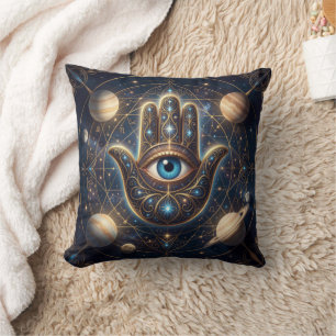 Cosmic Navy Gold Celestial Hamsa Evil Eye Throw Pillow