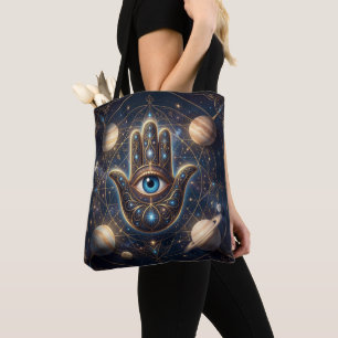 Cosmic Navy Gold Celestial Hamsa Evil Eye Tote Bag
