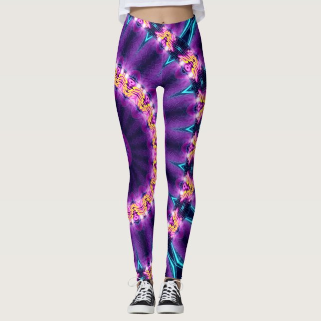Cosmic Neon Sunflower Blacklight Rave Mandala Leggings (Front)