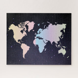 Cosmic Night Galaxy & Holographic Pastel World Map Jigsaw Puzzle