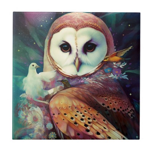 Cosmic Owl Fantasy Art Ceramic Tile