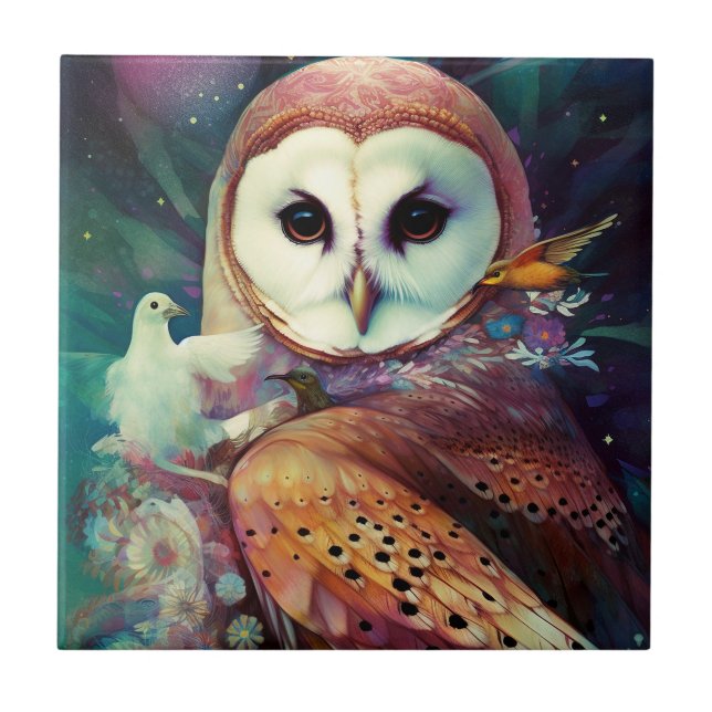 Cosmic Owl Fantasy Art Ceramic Tile (Front)