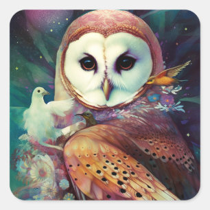 Cosmic Owl Fantasy Art Square Sticker