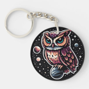 Cosmic Owl Illustration - owl, space, artwork Keychain