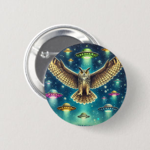 Cosmic Owl Nightscape - UFOs in the sky Button