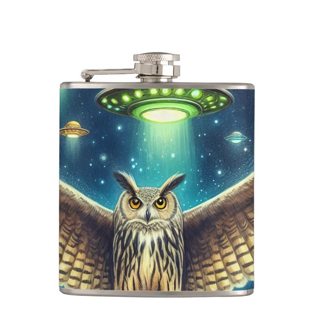 Cosmic Owl Nightscape - UFOs in the sky Flask (Front)