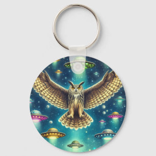 Cosmic Owl Nightscape - UFOs in the sky Keychain