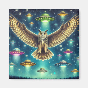 Cosmic Owl Nightscape - UFOs in the sky Magnet