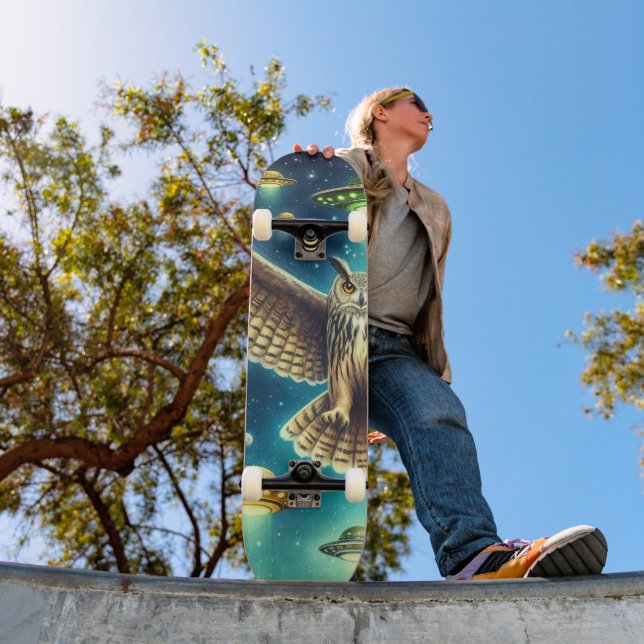 Cosmic Owl Nightscape - UFOs in the sky Skateboard (Outdoor 1)