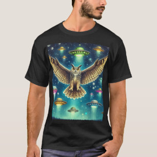 Cosmic Owl Nightscape - UFOs in the sky T-Shirt