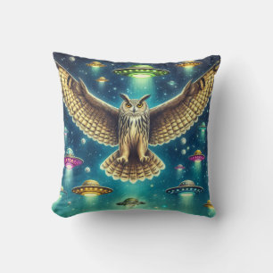 Cosmic Owl Nightscape - UFOs in the sky Throw Pillow