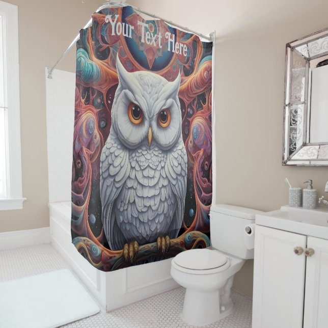 Cosmic Owl: Vibrant Wisdom Shower Curtain (In Situ)