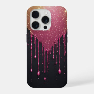 Cosmic Pink Stardust Drip ✨ Black Galaxy Glitter iPhone 15 Pro Case