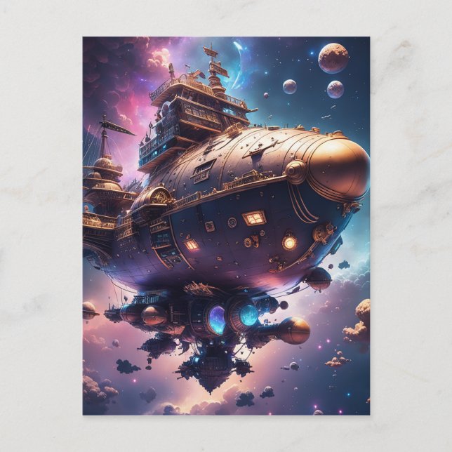 Cosmic pirate ship floating in space holiday postcard (Front)