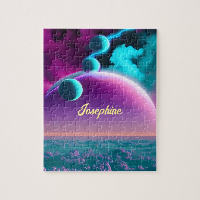 Cosmic Planets in Purple  and Turquoise Planets Jigsaw Puzzle (Vertical)