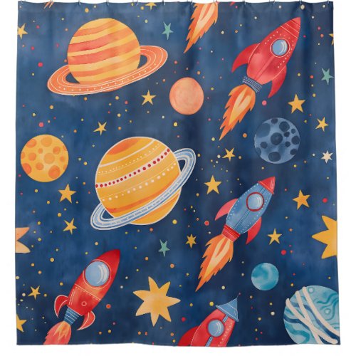 Cosmic Play Colorful Space Adventure Shower Curtain