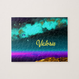 Cosmic Purple and Blue Over Planet Name Jigsaw Puzzle