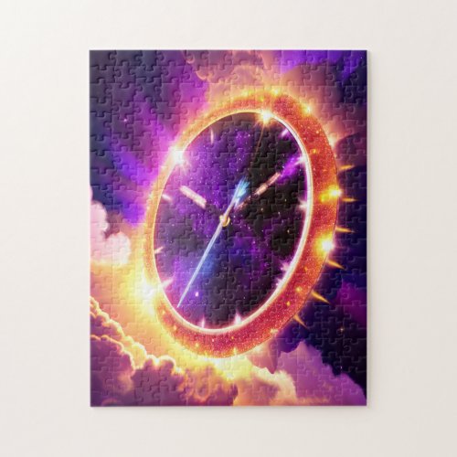 Cosmic Purple and Gold Clock Ticking Outer Space Jigsaw Puzzle