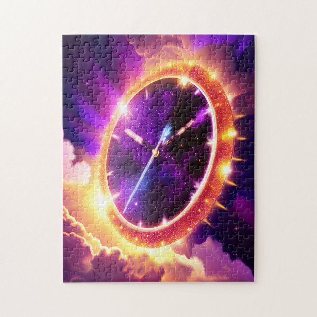 Cosmic Purple and Gold Clock Ticking Outer Space Jigsaw Puzzle (Vertical)