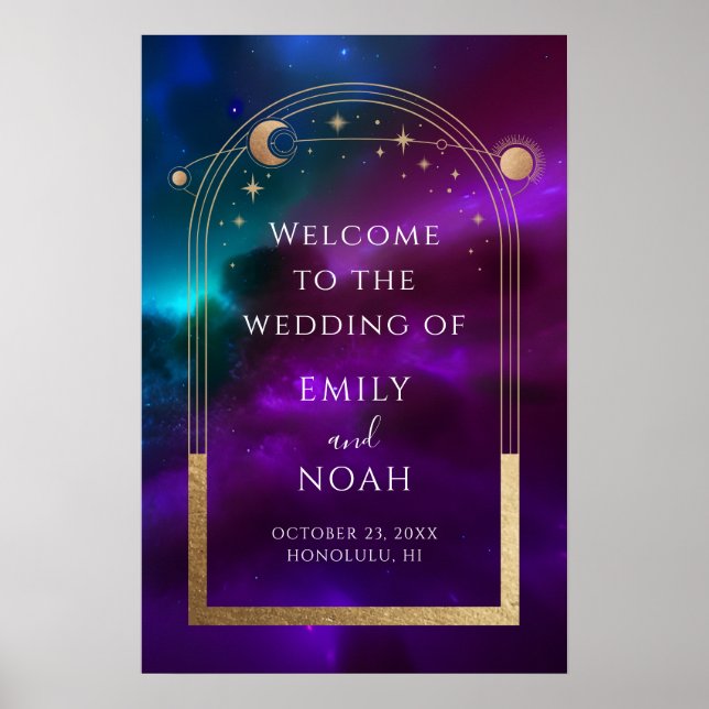 Cosmic Purple Gold Sun Moon Stars Welcome Sign (Front)