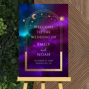 Cosmic Purple Gold Sun Moon Stars Welcome Sign