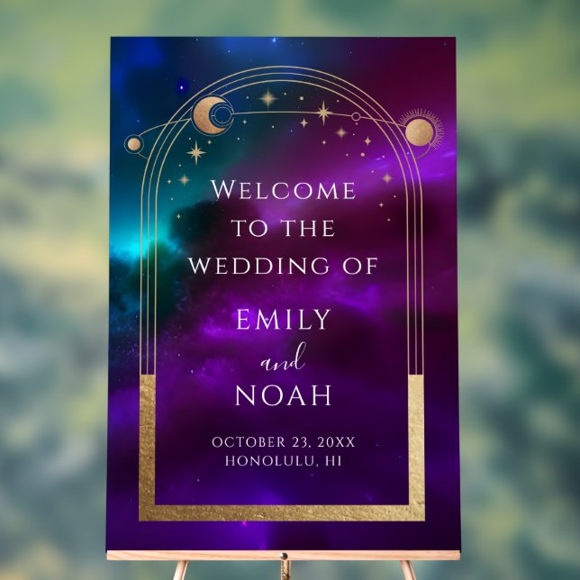 Cosmic Purple Gold Sun Moon Stars Welcome Sign (Neutral)