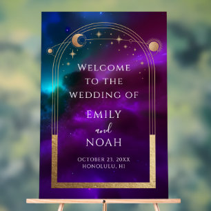 Cosmic Purple Gold Sun Moon Stars Welcome Sign