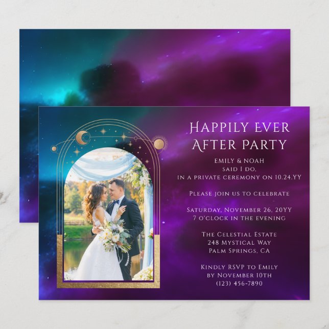 Cosmic Purple Happily Ever After Wedding Reception Invitation (Front/Back)